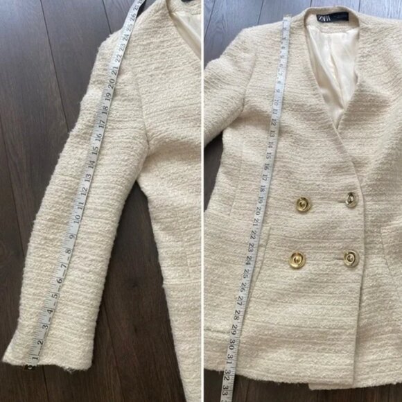 ZARA Metallic ECRU Gold Textured Tweed Double Breasted Frock Blazer - Picture 8 of 13